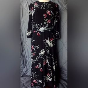 Ralph Lauren Black Floral 3/4 Length Sleeves Midi Sheath Dress Flower Pattern
